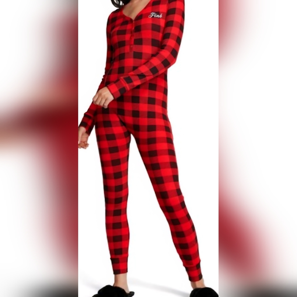 🥳Victoria's Secret PINK Red Plaid Jumpsuit One Piece XL